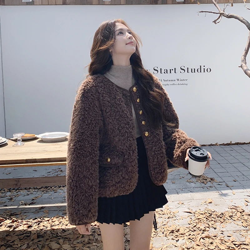 时尚编织包边休闲减龄毛毛外套女2024冬新款加厚保暖显瘦棉衣棉服