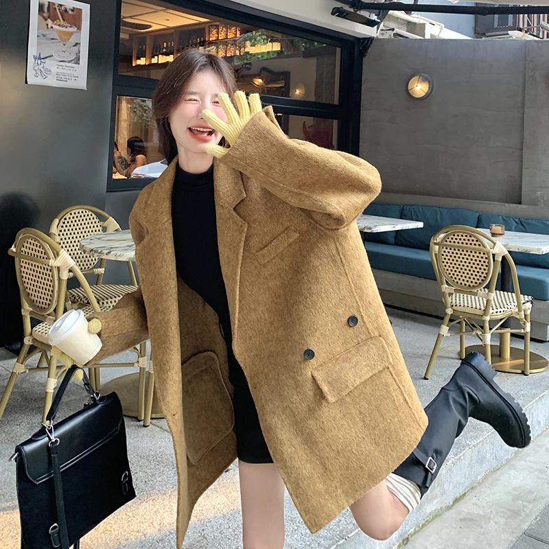 双面呢大衣女2024年秋冬新款韩版宽松慵懒风西装领短款毛呢外套