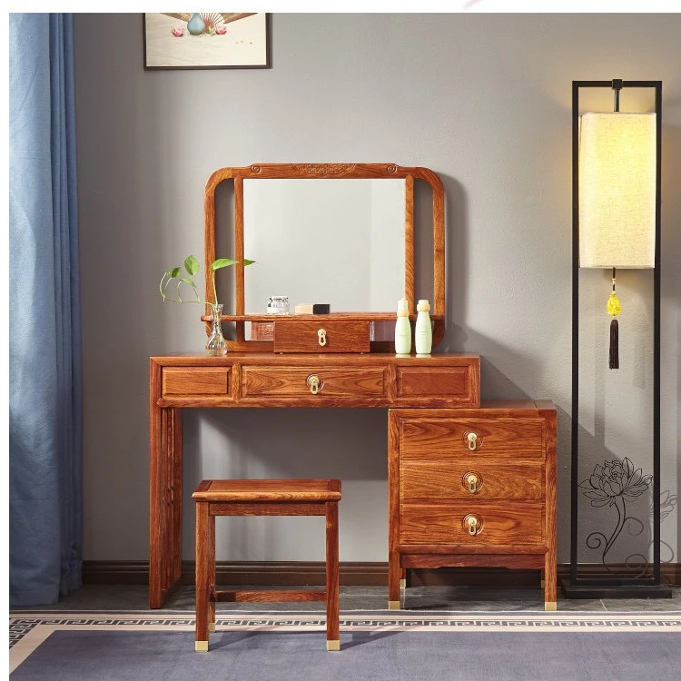 刺猬新中式组合梳妆台红木带化妆镜可伸缩梳妆台家用卧室妆凳轻奢