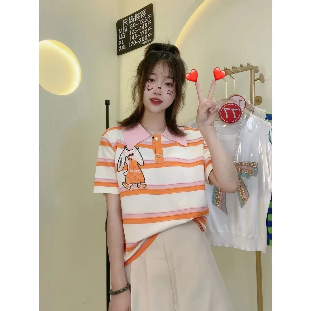 【精选大码女80-200斤】显瘦气质百搭减龄撞色短袖夏季上衣女1178