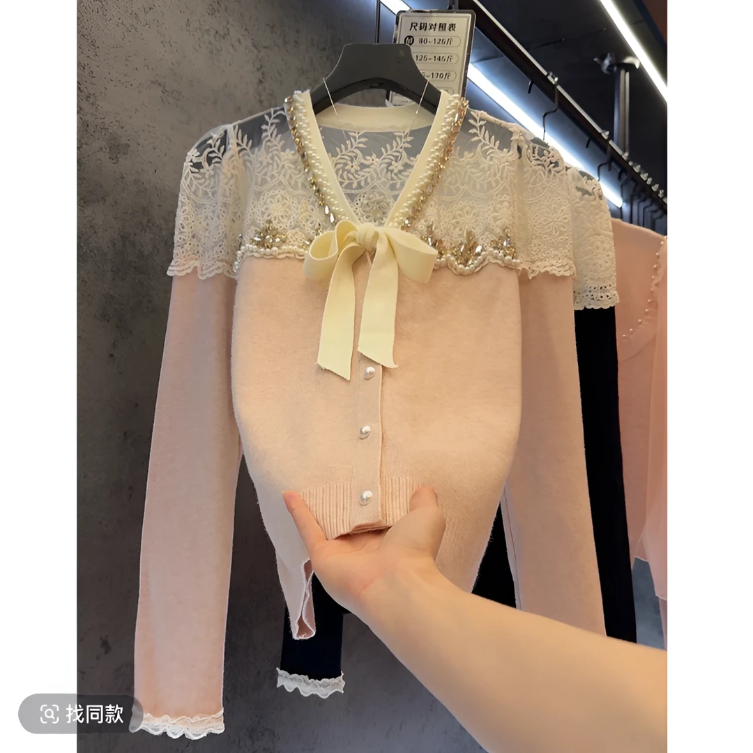 【定制大码女装80-200斤】钉珠拼接蕾丝蝴蝶结轻奢百搭显瘦开衫2065