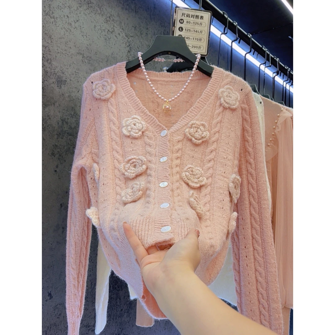 【定制大码女装80-200斤】气质V领山茶花百搭开衫显瘦针织上衣2016