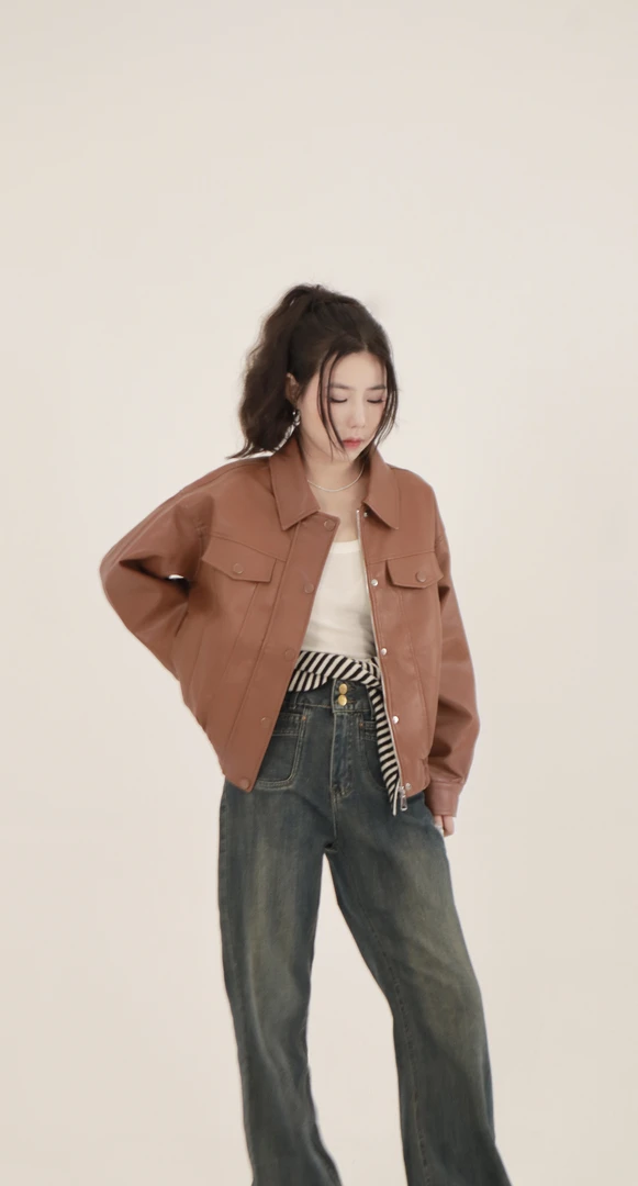 【晚晚Design】2024秋冬新款时尚皮衣外套女休闲百搭宽松韩版翻领