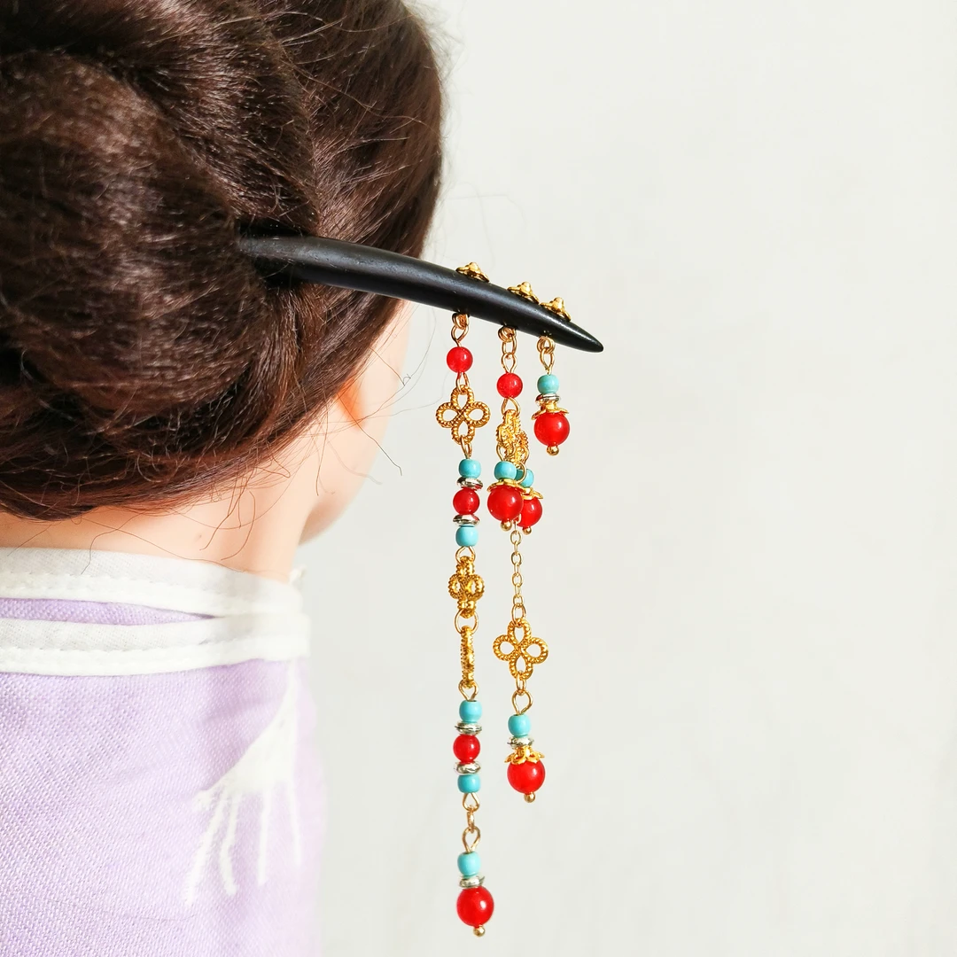 黑檀木红色珠珠流苏发簪步摇古装汉服饰品