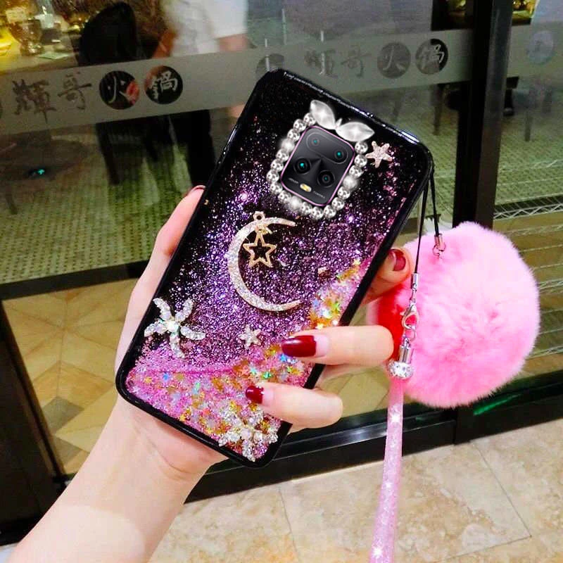 红米10x手机壳液体流沙女Redmi10XPro5G保护套软胶防摔镶钻毛绒球
