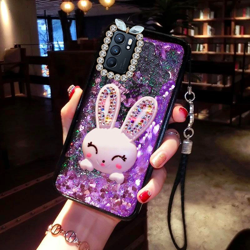 OPPOReno6手机壳液体流沙PEQM00女款5G全包边防摔软硅胶套镶钻兔