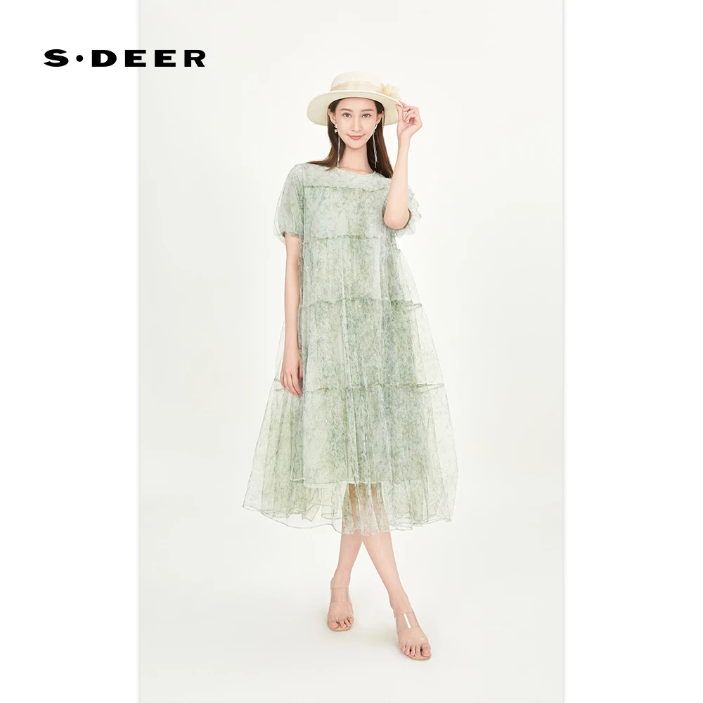 S·DEER圣迪奥女装夏季度假风泡泡袖优雅绿色碎花连衣裙S242Z12A8