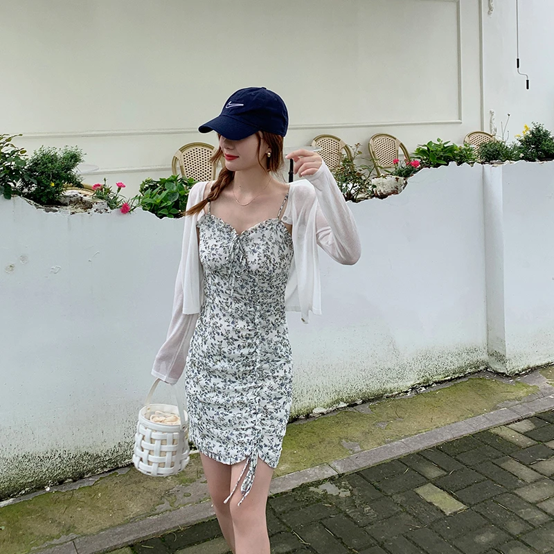 邹邹小个子 雪纺碎花吊带裙2023年新款纯欲风抽绳显瘦气质连衣裙