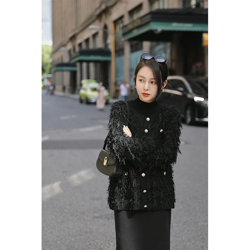 【法式赫本】新品 邹邹小个子自带气场黑色小香风毛毛外套女秋