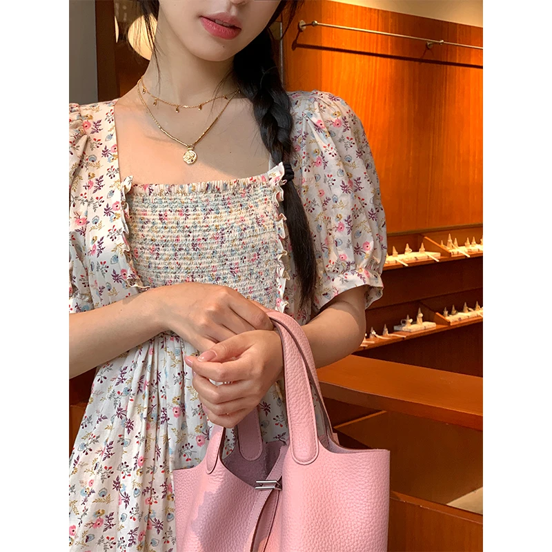 邹邹小个子新品 法式碎花连衣裙女2024夏季方领高级感显气质上衣