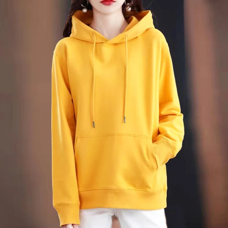 美式潮牌卫衣连帽卫衣宽松休闲风格长袖甜酷少女黄色百搭纯色卫衣