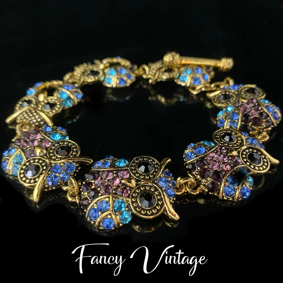 铜合金手链 中古 复古轻奢精致炫彩时尚气质百搭重工小猫头鹰手链