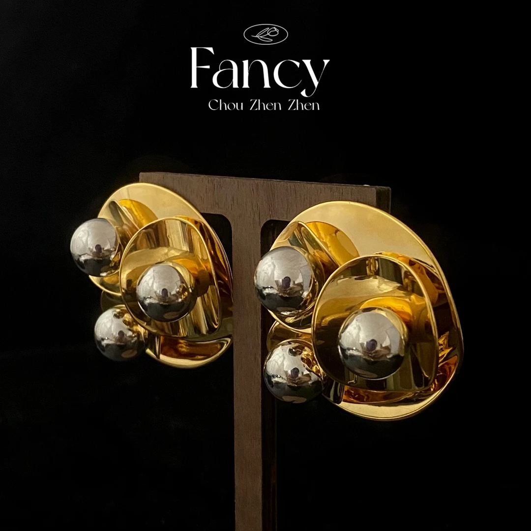 铜合金耳饰 【撞色三花】欧美轻奢冷淡风圆球立体圆盘高级感耳饰