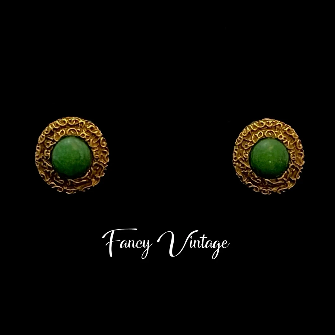 铜合金耳饰 中古 时尚优雅复古手工做旧宫廷风绿色琉璃圆形耳饰