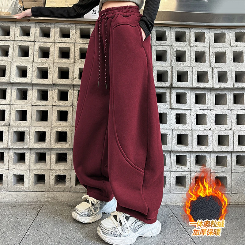 女大童外穿加绒卫裤秋冬2025新款洋气女孩6-14岁加厚一体绒弯刀裤