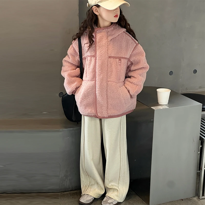 女童毛毛衣夹棉秋冬装2024新款中大童连帽羊羔绒外套加厚保暖上衣