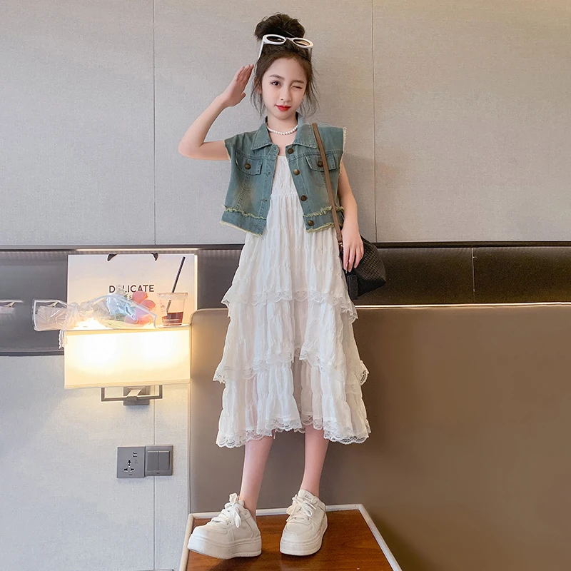 女童潮款连衣裙套装2025新款女大童牛仔马甲夏天薄款裙儿童蛋糕裙