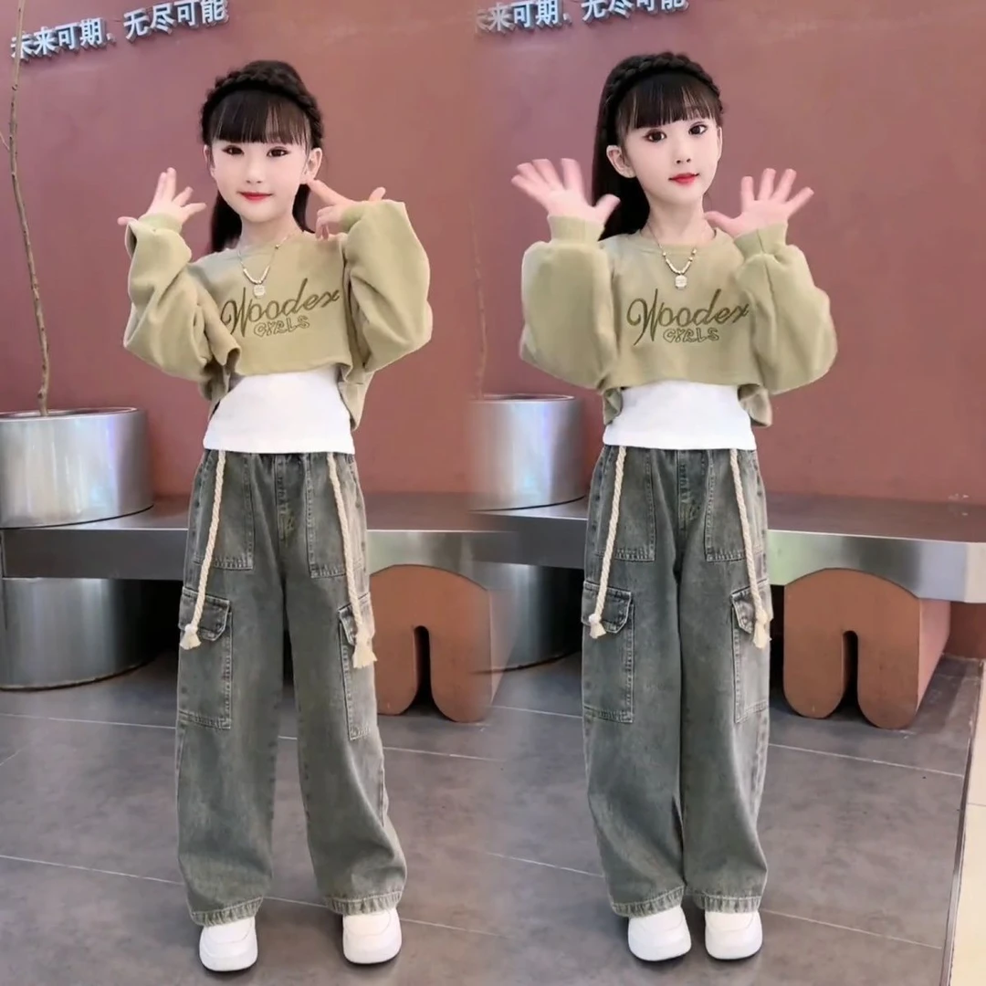 女童卫衣套装春秋季2025新款洋气女孩牛仔工装裤三件套儿童背心短