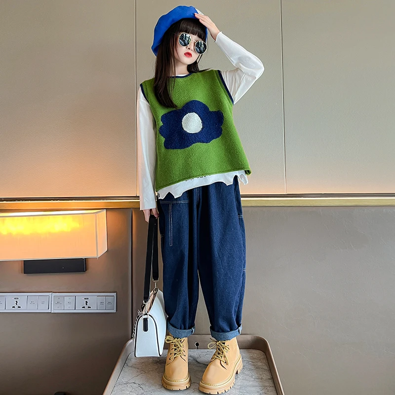 女童马甲三件套秋装2025新款休闲牛仔裤洋气儿童针织毛衣春秋套装
