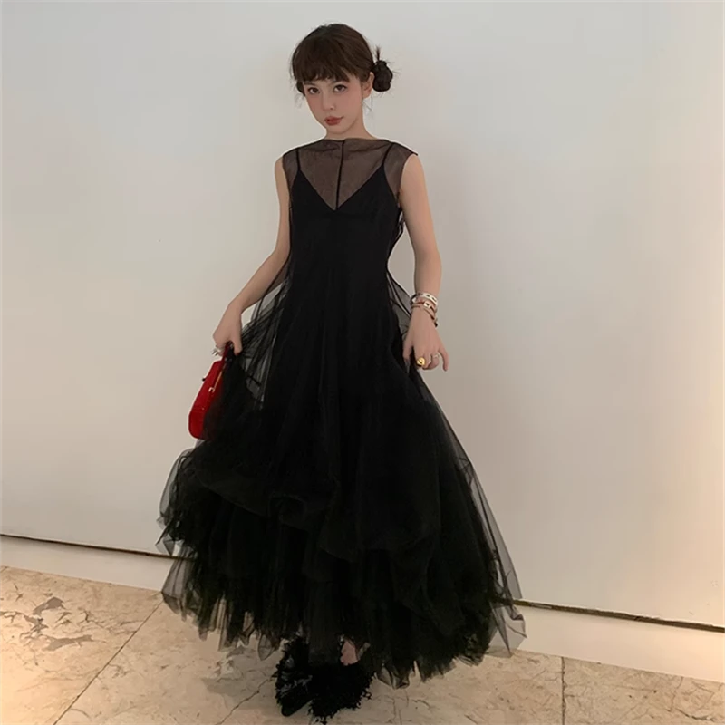le rouge周美美 黑色梦境暗黑仙女繁复大裙摆吊带网纱背心连衣裙