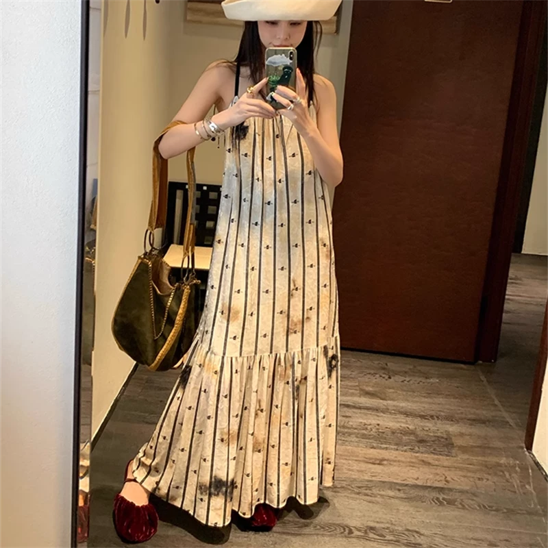 le rouge周美美 暗黑浪漫主义斑驳印花条纹丝绒拼接感吊带连衣裙