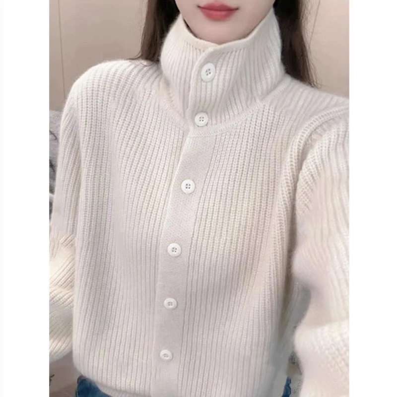 高领纯色毛衣开衫女秋冬季新款高级感宽松慵懒风加厚针织外套上衣