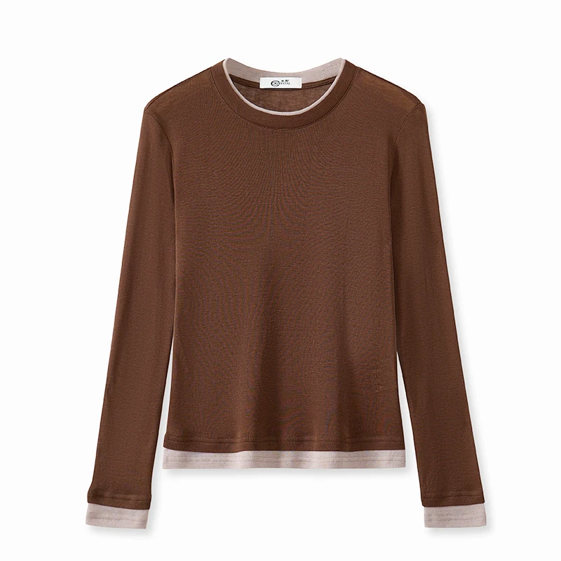 【天丝羊毛】园领长袖拼色假二件莱赛尔打底衫时尚726