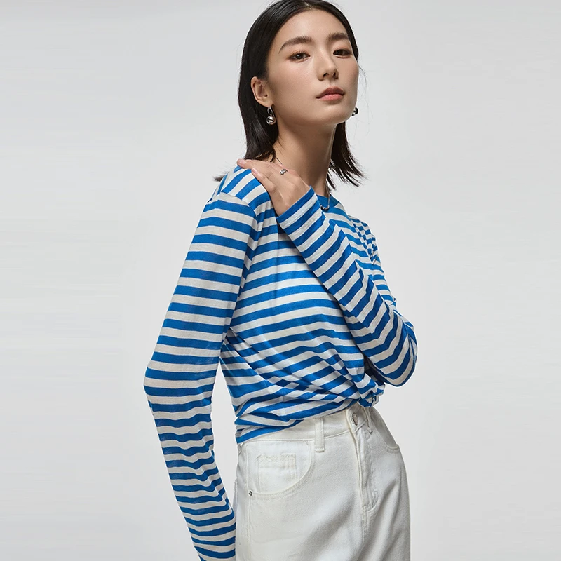 【天丝羊毛】园领条纹针织长袖打底黑白休闲撞色501