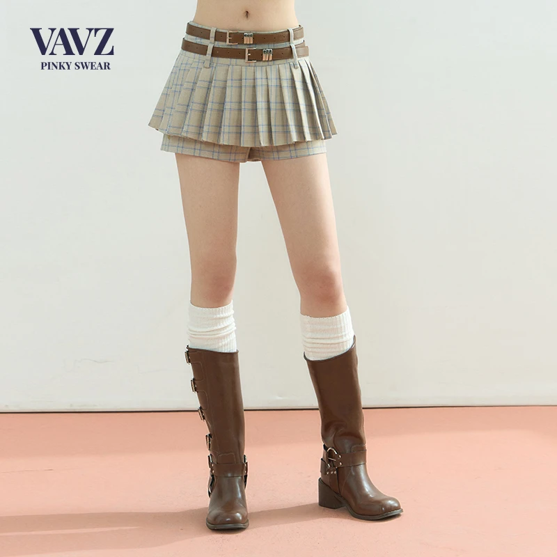 VAVZ新派学院风格纹百褶裙裤美式复古双腰头短款半QK2451
