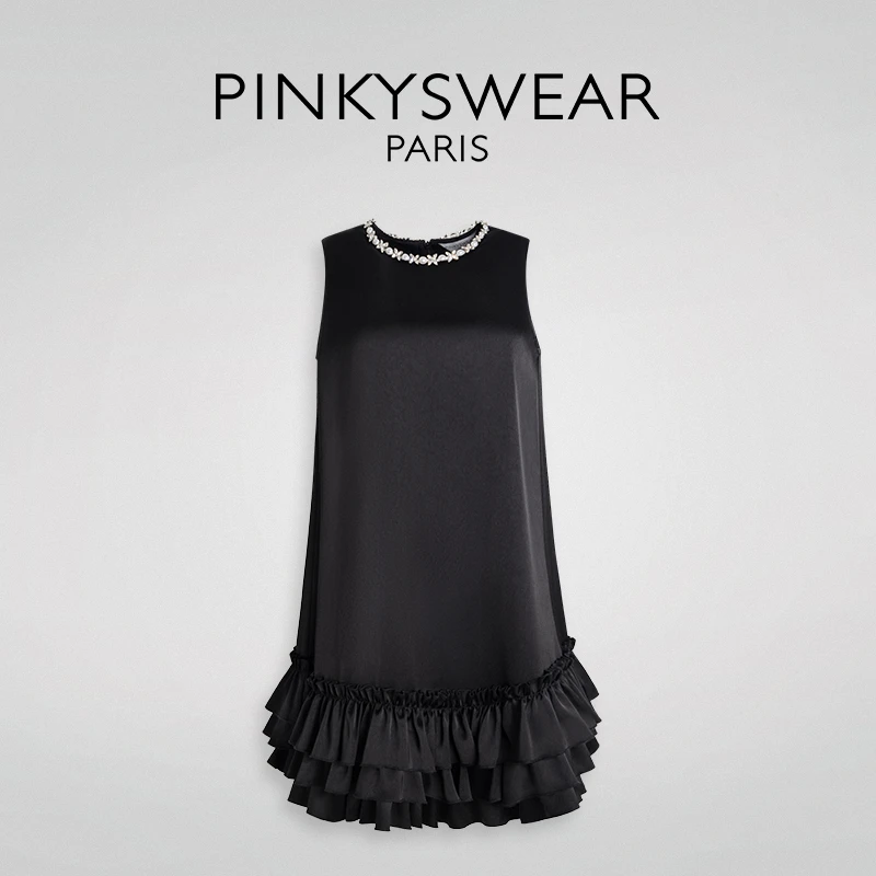 PinkyS Wear《小珍珠》手工定珠法式荷叶边无袖连衣裙轻奢显优雅