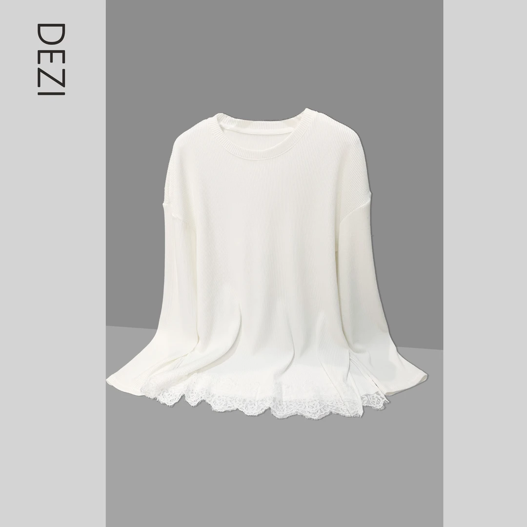 DEZI宝藏衣橱加厚拼接蕾丝边竖纹显瘦女打底LS827088