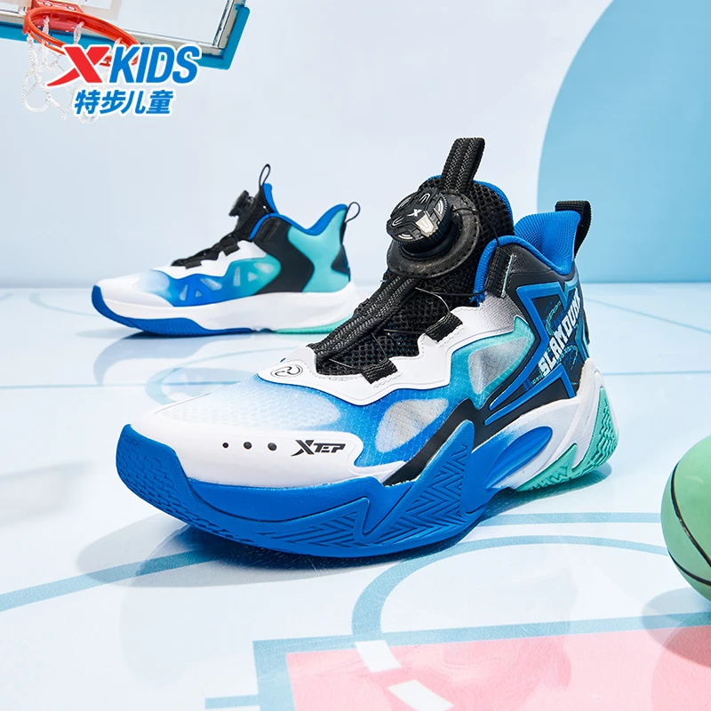 特步儿童秋季篮球鞋大童休闲时尚透气网面旋钮运动鞋高帮减震