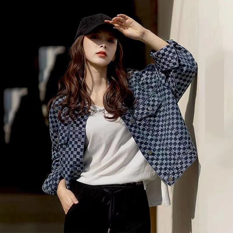 棋盘格牛仔外套蝙蝠袖