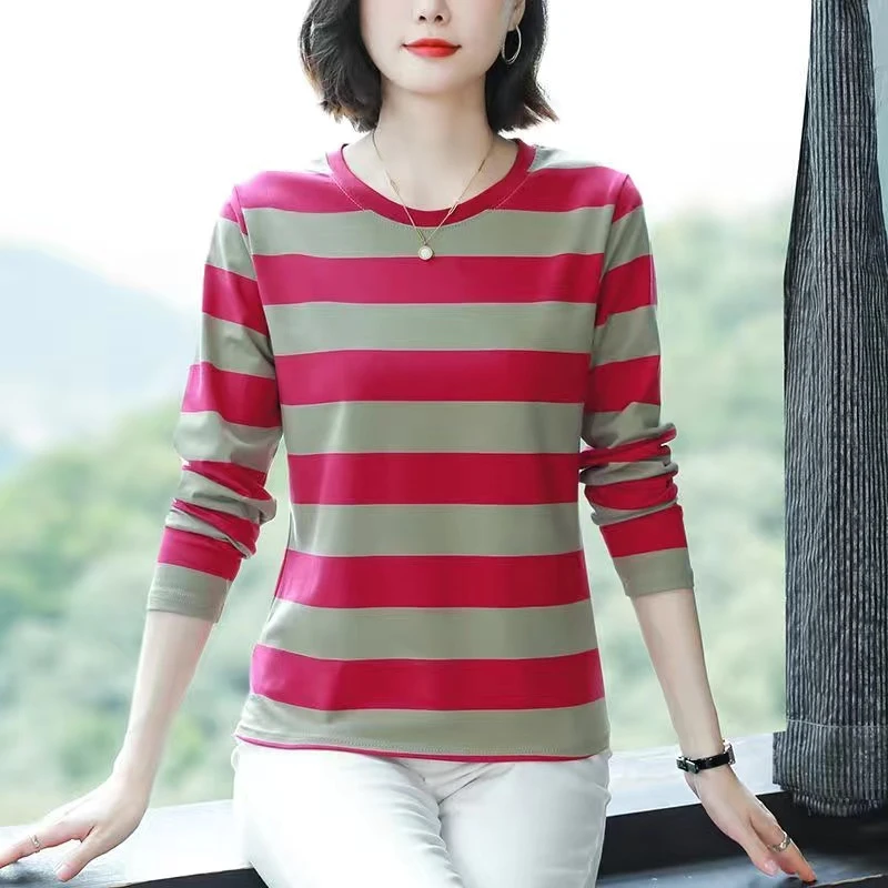 中年妈妈棉长袖T恤女2023春秋新款条纹圆领打底衫宽松大码遮肉