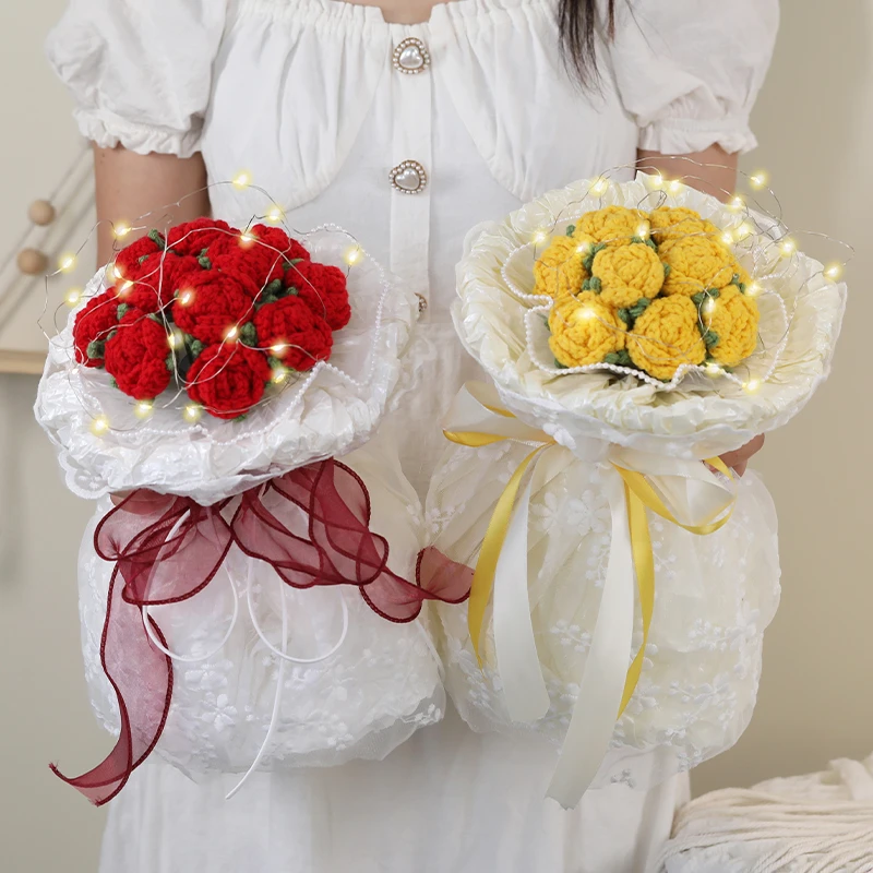 成品小香风针织玫瑰花束手工编织毛线仿真假花送女友闺蜜生日礼物