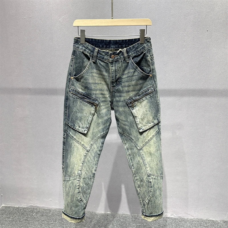 秋季多口袋拉链拼接装饰长裤男士宽松潮流复古做旧时尚牛仔裤男款