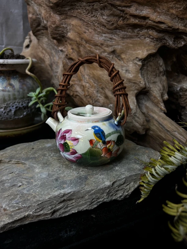 景德镇原创手工高温志野柴烧复古家用茶具荷花翠鸟提梁壶350cc