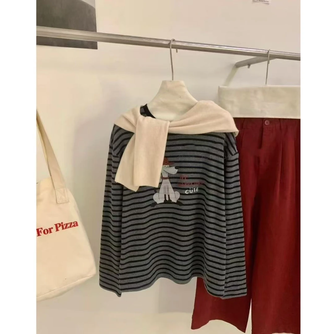 韩系小狗图案条纹拼接长袖T恤887253 衣长65