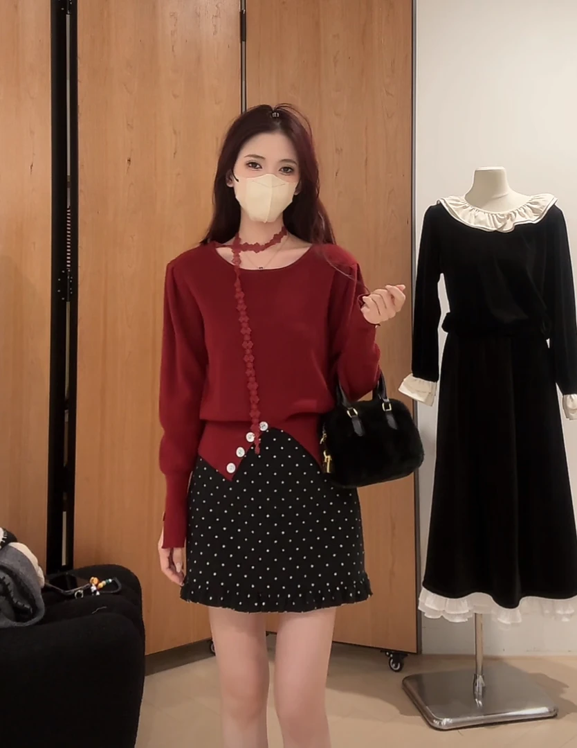 法式高级感蕾丝飘带针织毛衣7728