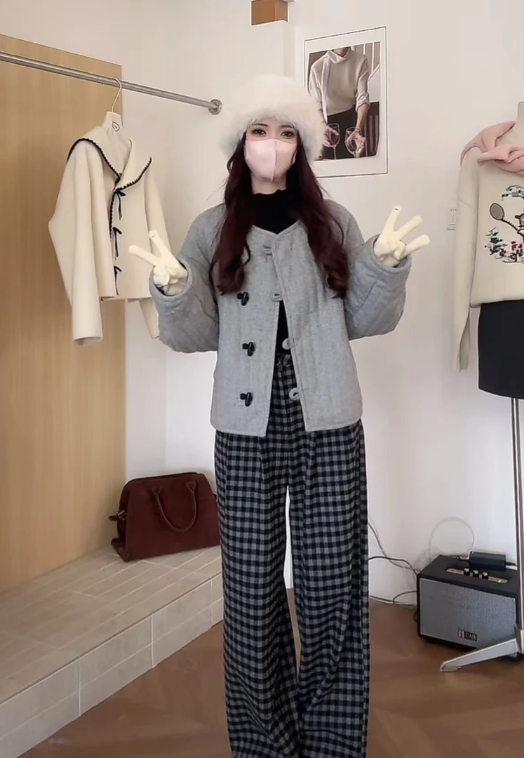 冬季复古牛角扣短款外套8810211 衣长55