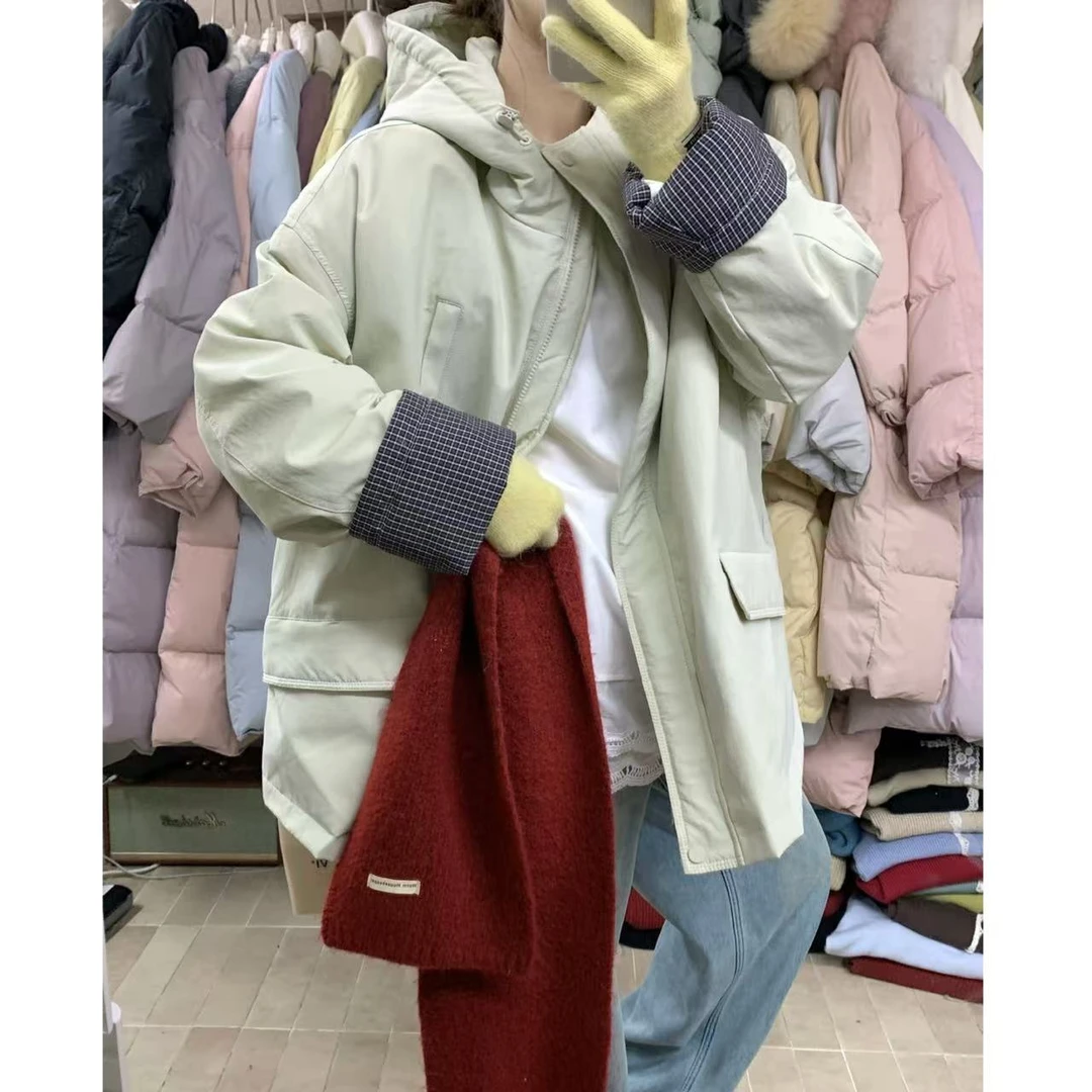 韩系袖口拼接格子保暖连帽外套66689 衣长65下摆无抽绳帽子不可拆