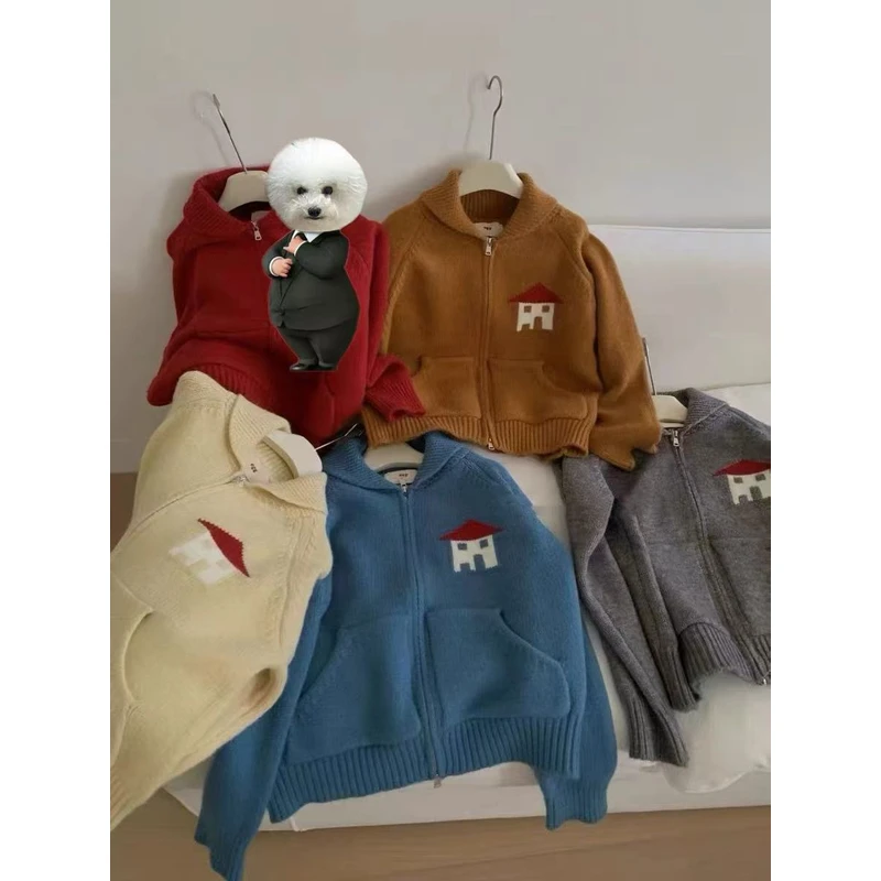 韩系卡通小房子翻领拉链毛衣外套17888       衣长58