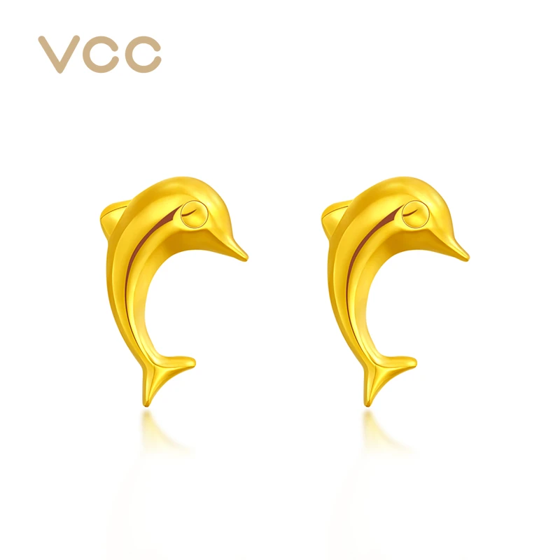 VCC足金999黄金耳饰5G海豚耳钉工艺小清新耳饰(一对)