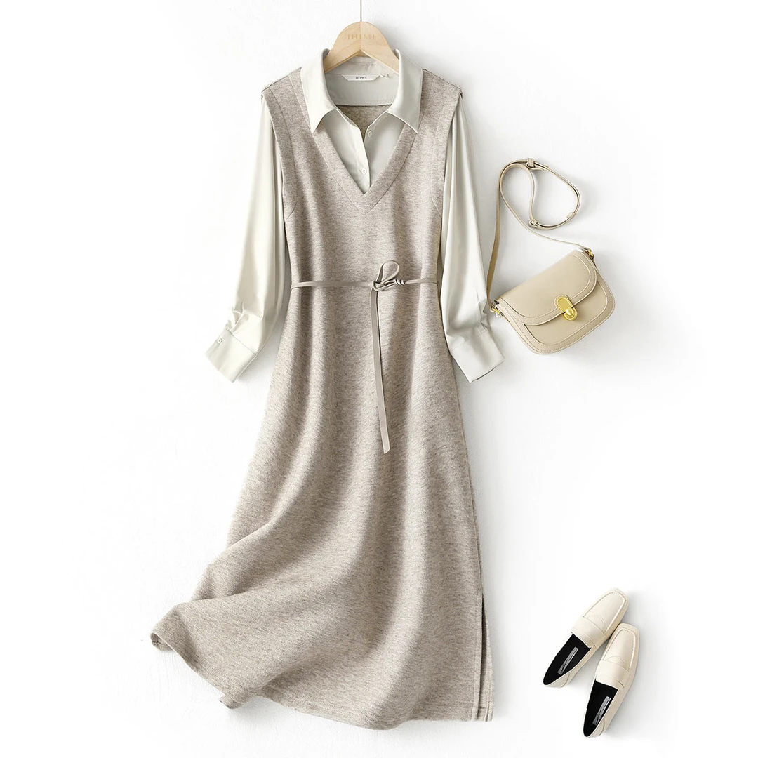 IHIMI2024秋冬新款女装简约气质通勤气质衬衫领假两件收腰连衣裙