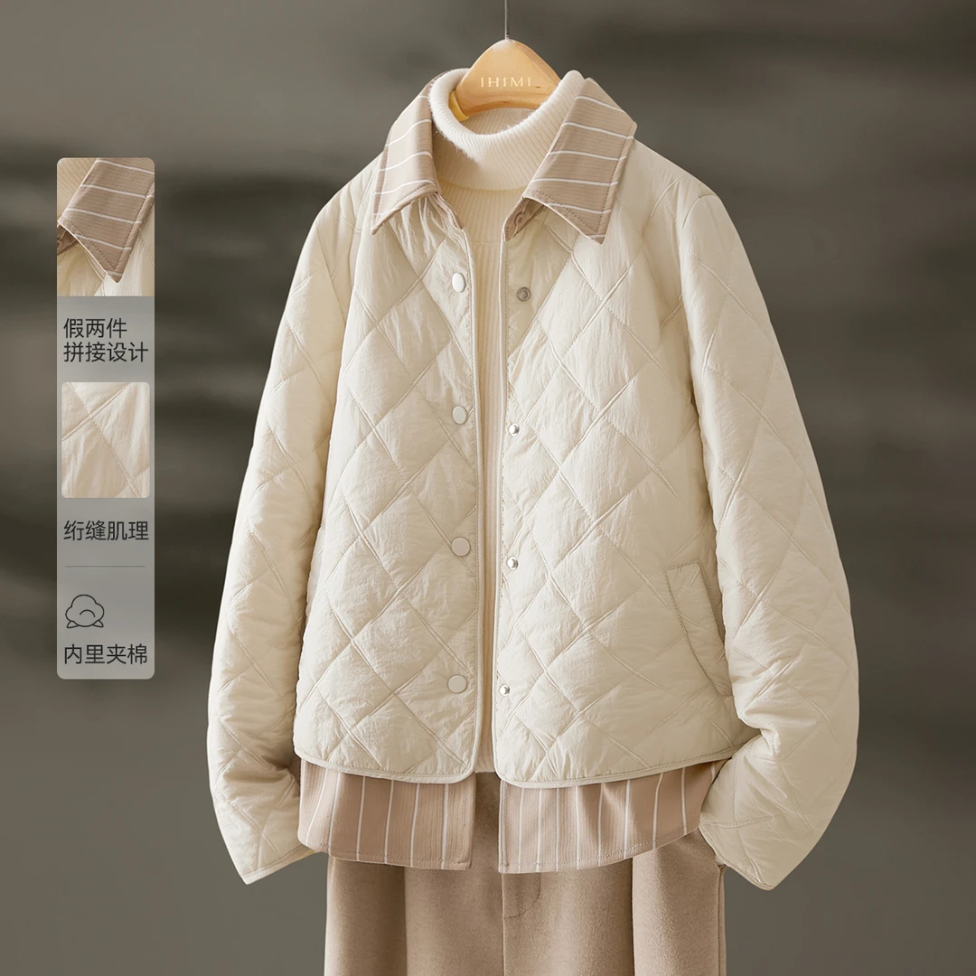 IHIMI/海谧2024年冬季新款女装百搭上衣外套假两件拼接衬衫领棉衣