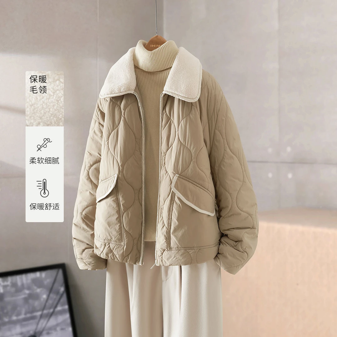 IHIMI/海谧撞色毛领夹棉加厚大口袋棉服2025冬女夹棉百搭保暖棉衣