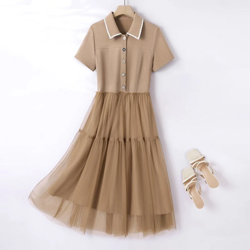 IHIMI/海谧2024年夏季新款女装时尚百搭网纱拼接显瘦中长款连衣裙