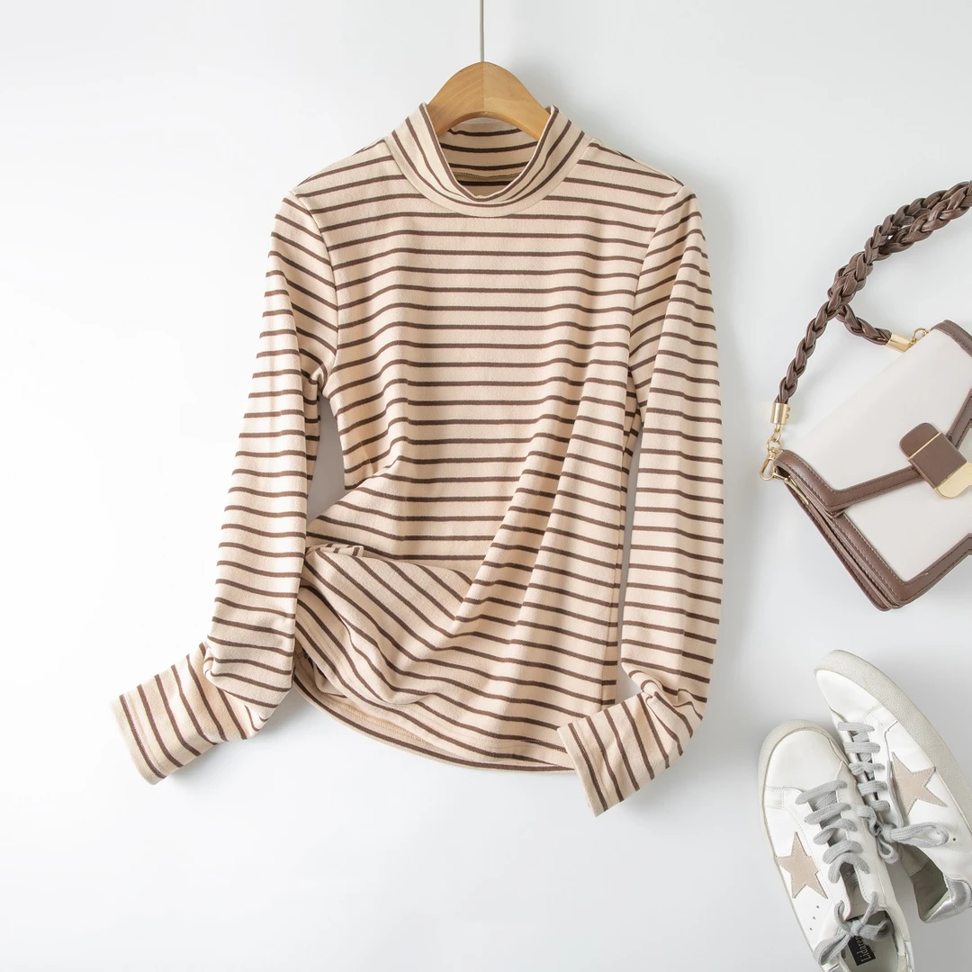 IHIMI条纹百搭保暖上衣2025冬季新款女装休闲半高领套头针织衫女