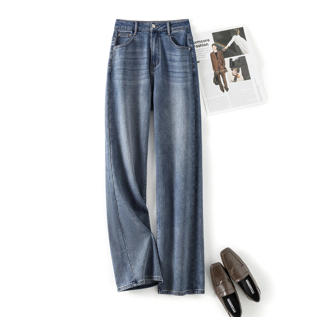 IHIMI2023年秋季新款女高腰时尚休闲深秋加厚显瘦百搭直筒牛仔裤