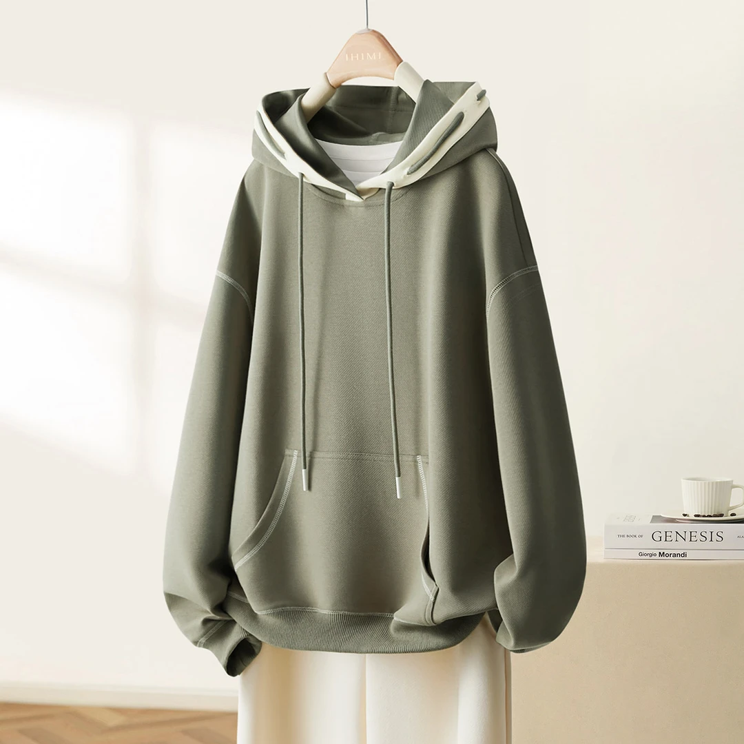 IHIMI23秋新女运动休闲简约百搭通勤宽松拼色刺绣连帽卫衣A001AA